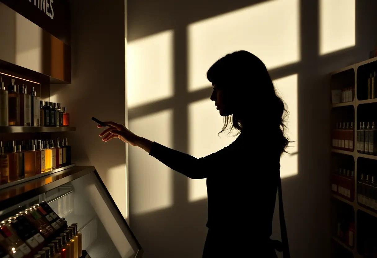 Silhouette d'une femme devant un rayon de parfums en magasin
