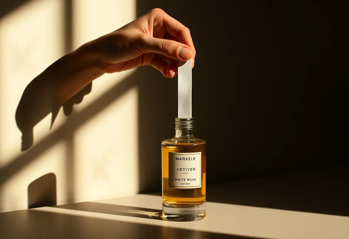 Dans une pièce sombre, une main plonge une bande odorante dans une bouteille contenant une fragrance réchauffante de vétiver et de musc blanc, sans texte, sans écriture, sans lettres, photographie éditoriale, lumière naturelle, hyper-réaliste