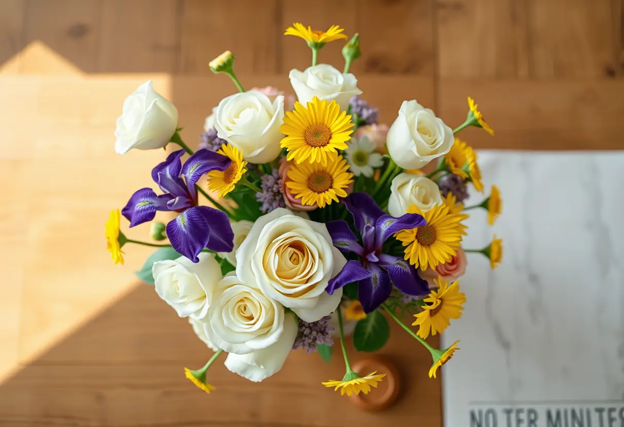 Un vase rempli de fleurs colorées sur une table en bois au soleil