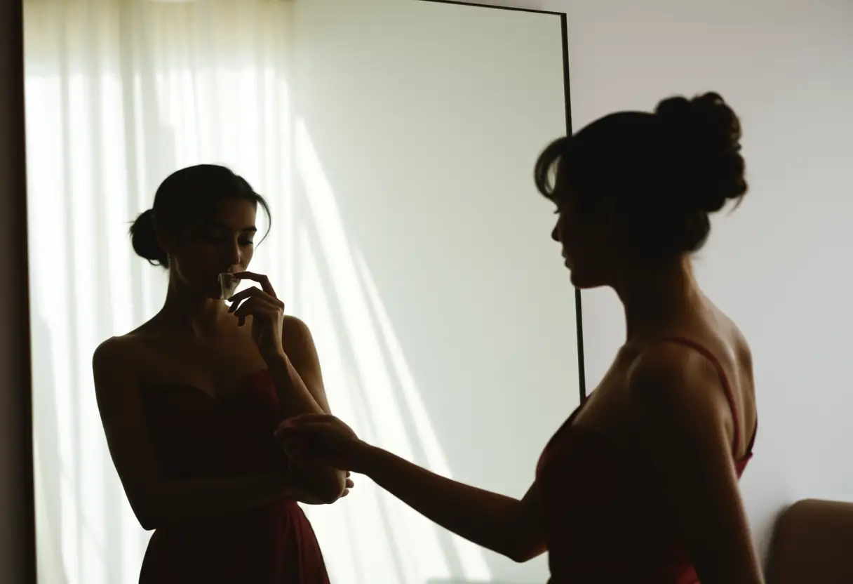 Un silhouette de femme se parfumant au poignet devant un grand miroir, reflétant l'élégance de l'action