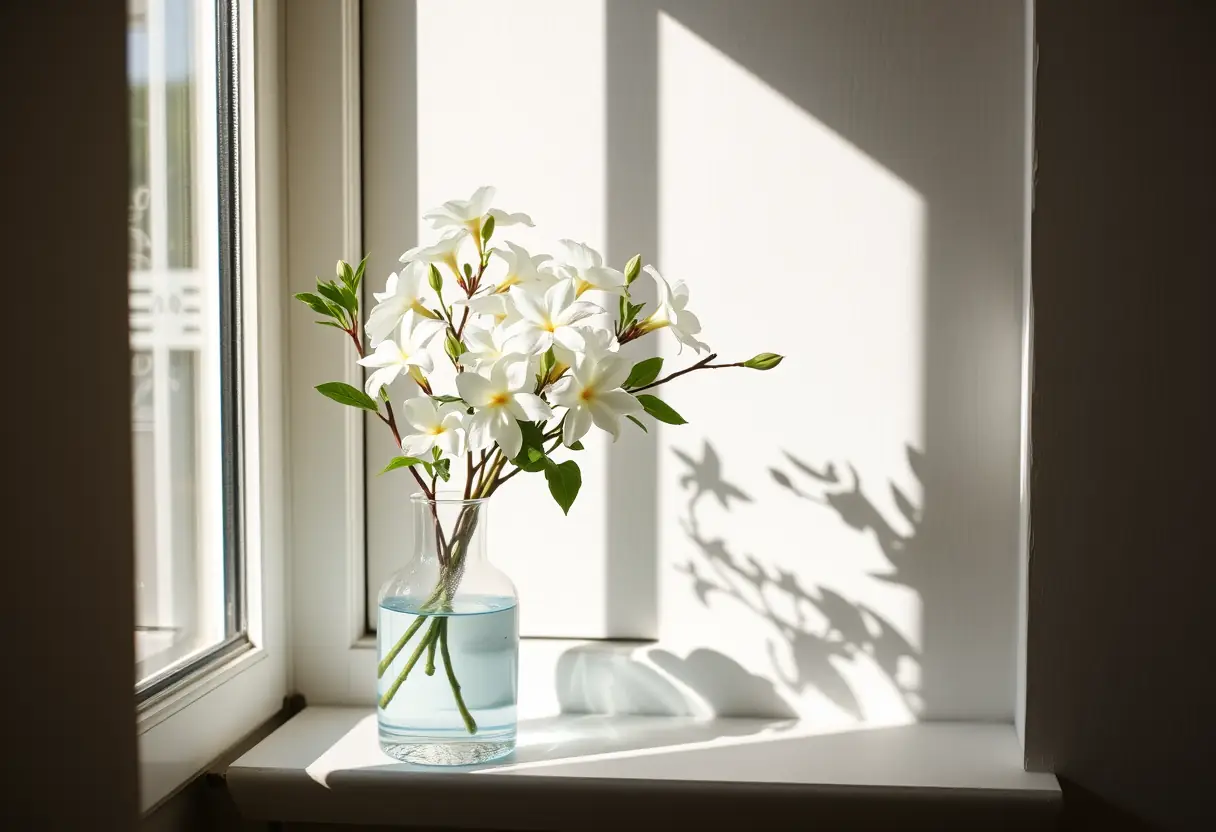 Un vase rempli de jasmin frais sur un rebord de fenêtre, texte alternatif pour l'article sur le parfum Goa