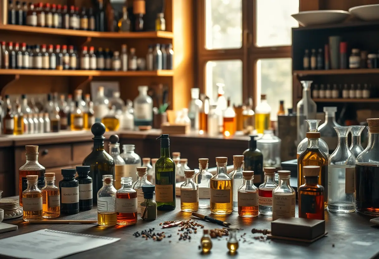 Atelier de parfumeur avec fioles et ingrédients sur un plan de travail