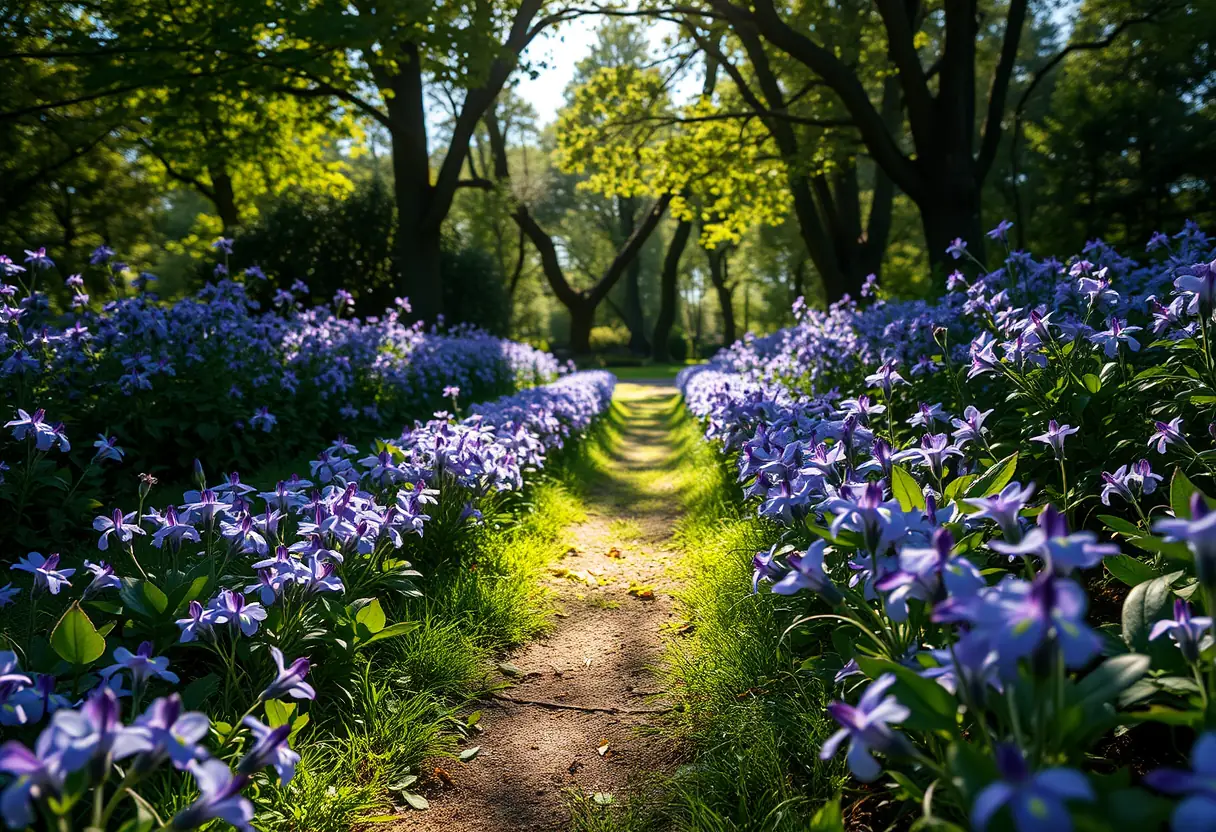 Un sentier de jardin bordé de violets en fleurs sous la lumière du soleil