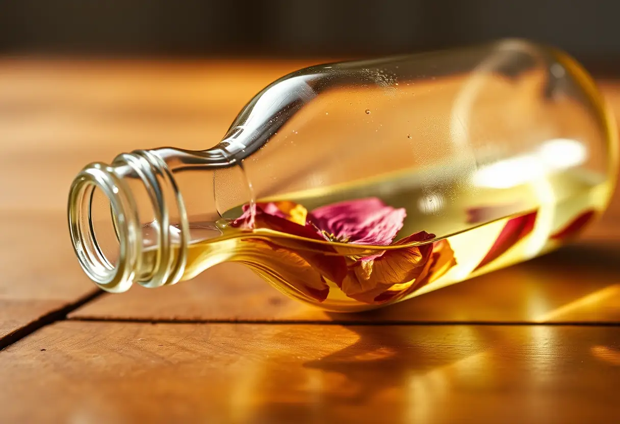 Une bouteille de verre contenant de l'huile avec des pétales séchés flottant dedans
