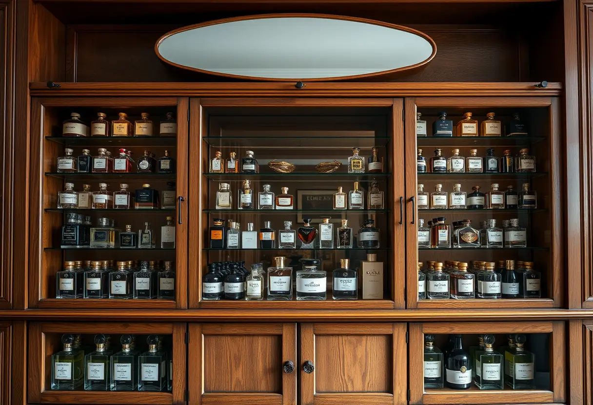 Un meuble avec des bouteilles de parfum sous verre, reflétées dans un miroir, symbolisant l'élégance