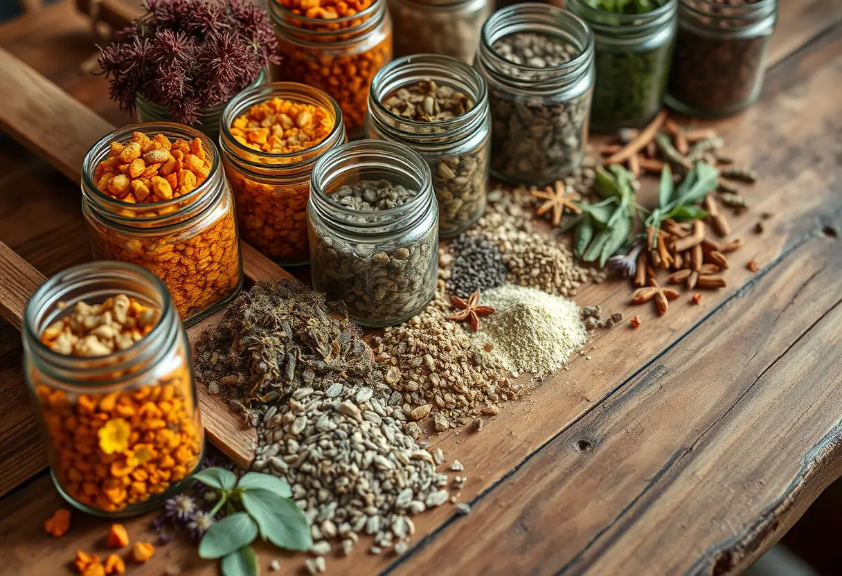 Un plan incluant des ingrédients aromatiques dans des bocaux sur une table