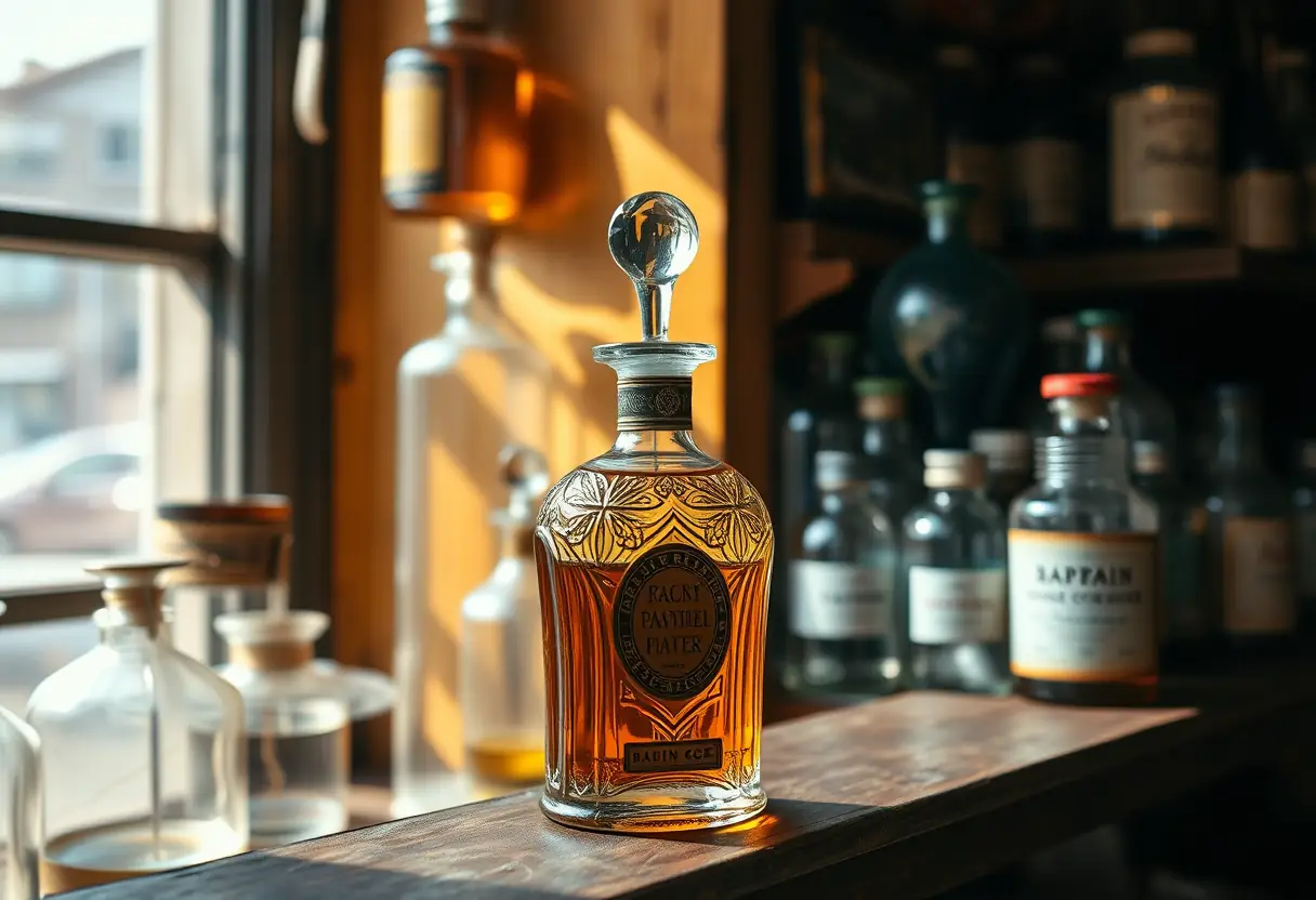 Un flacon de parfum vintage sur une étagère dans un magasin d'antiquités, lumière dorée