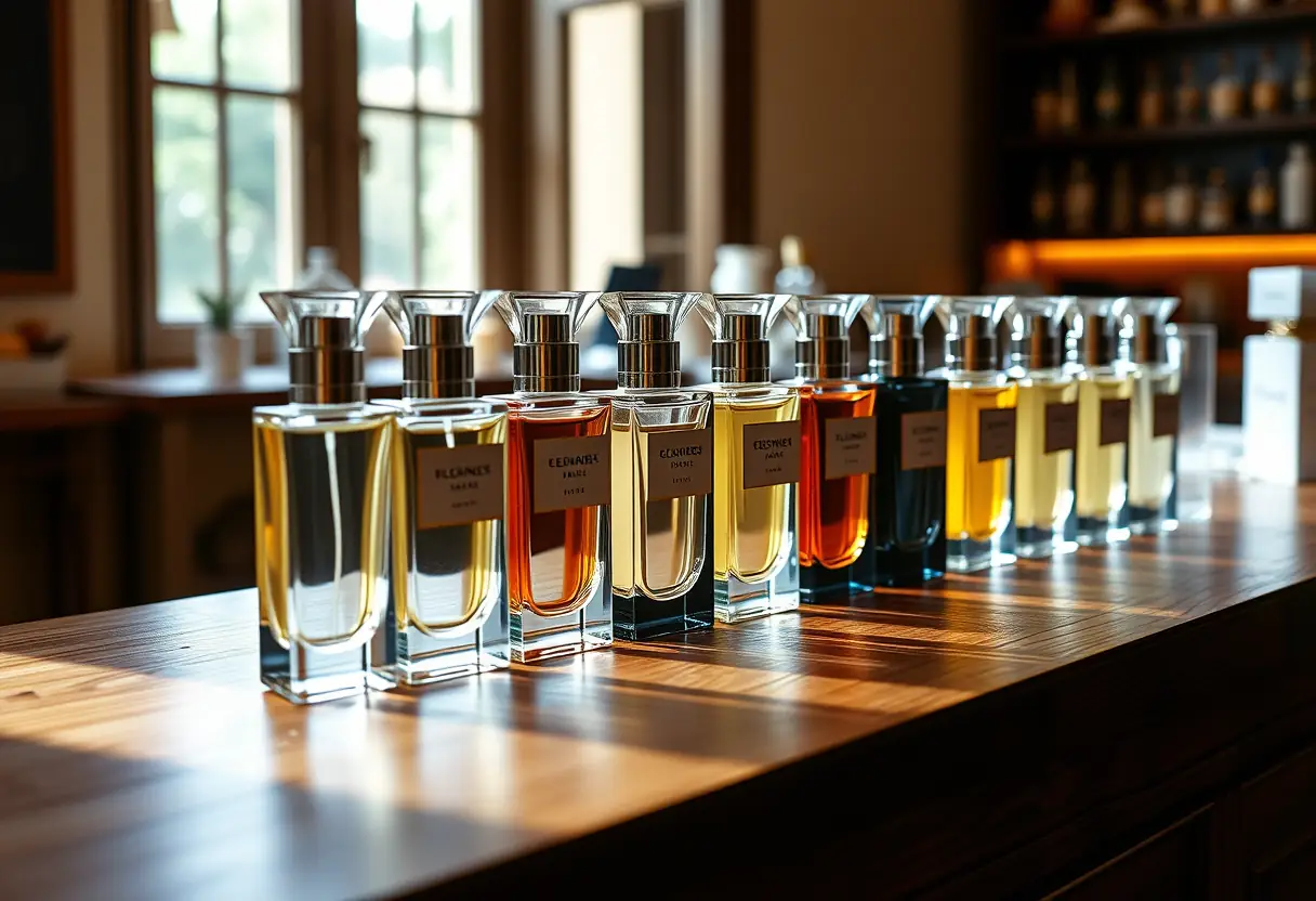 Un comptoir en bois garni de petits échantillons de parfum