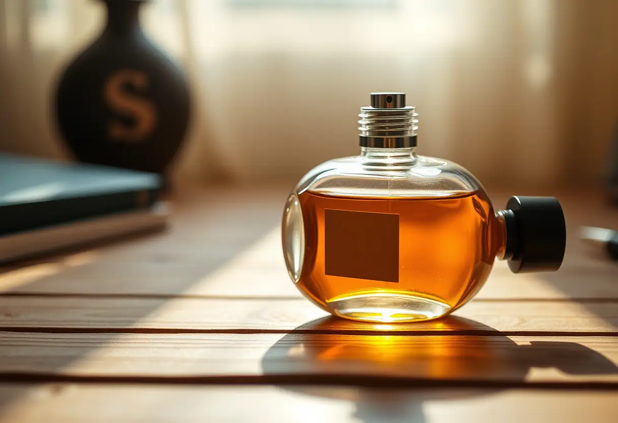 Un flacon de parfum posé sur un bureau en bois