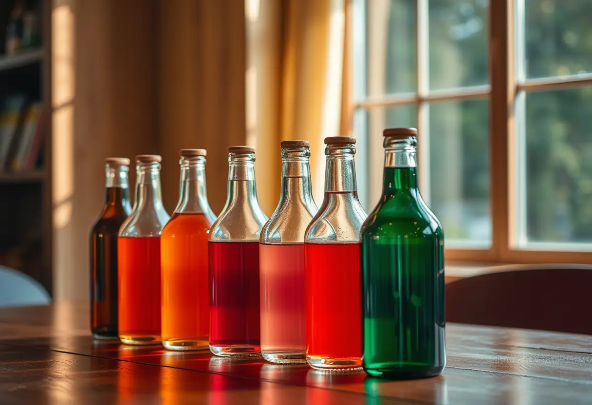 Un alignement de bouteilles en verre sur une table en bois, remplies de liquides de différentes couleurs, reflétant la lumière chaude d'une fenêtre voisine