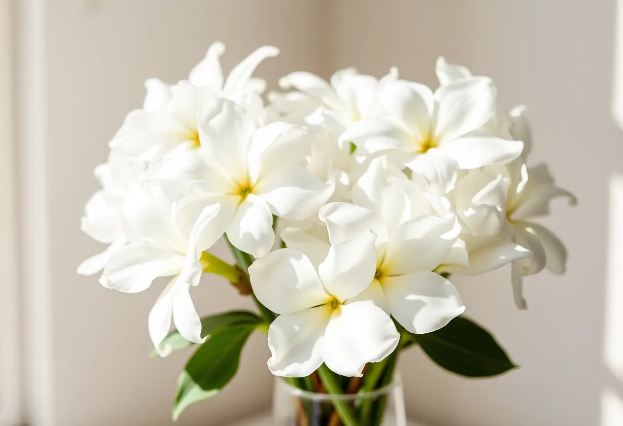 Bouquet de fleurs blanches, principalement du jasmin, dans un vase simple, baigné de lumière naturelle