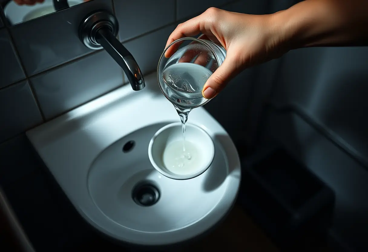 Une main verse un liquide clair dans un petit récipient en porcelaine dans une salle de bain sombre