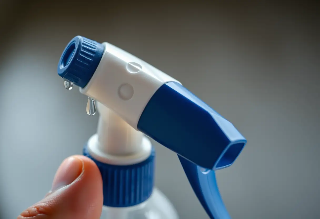Une main tenant un pulvérisateur avec des gouttes d'eau
