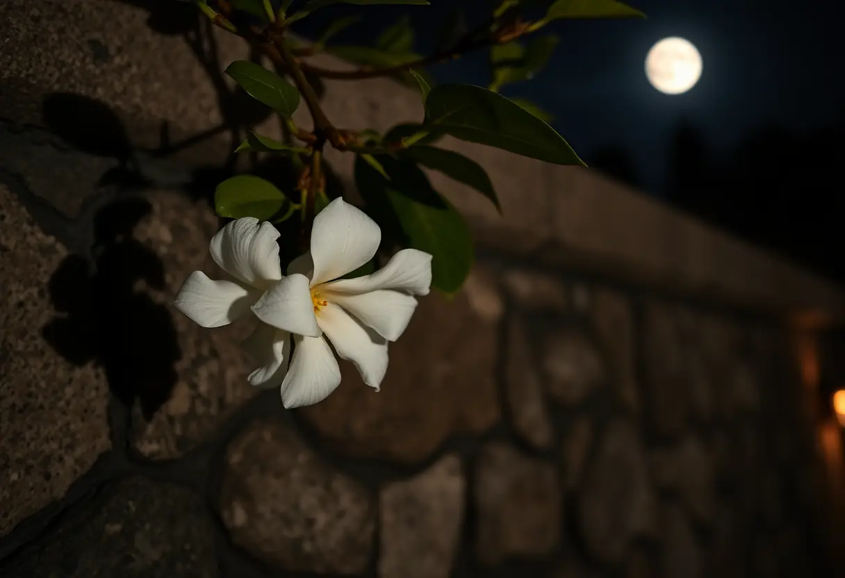 Une gardenia suspendue au-dessus d'un mur de pierre la nuit, les parfums des fleurs la nuit