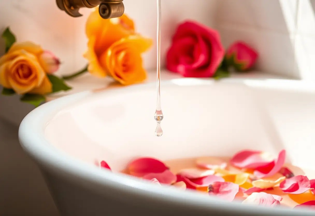 Un distributeur pendentif sur un lavabo en porcelaine rempli de fleurs, dont des pétales de roses et des feuilles d'orange, sous une lumière douce