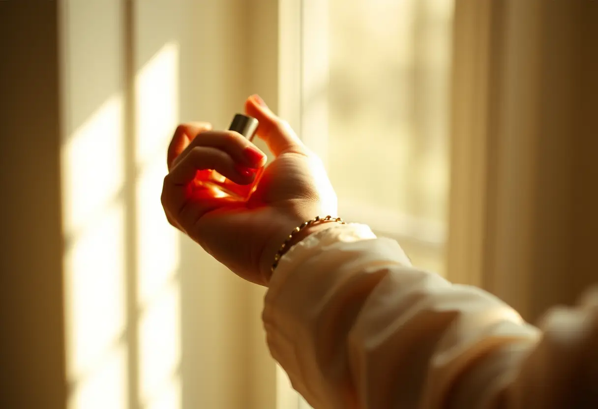 Une main appliquant délicatement un parfum sur son poignet