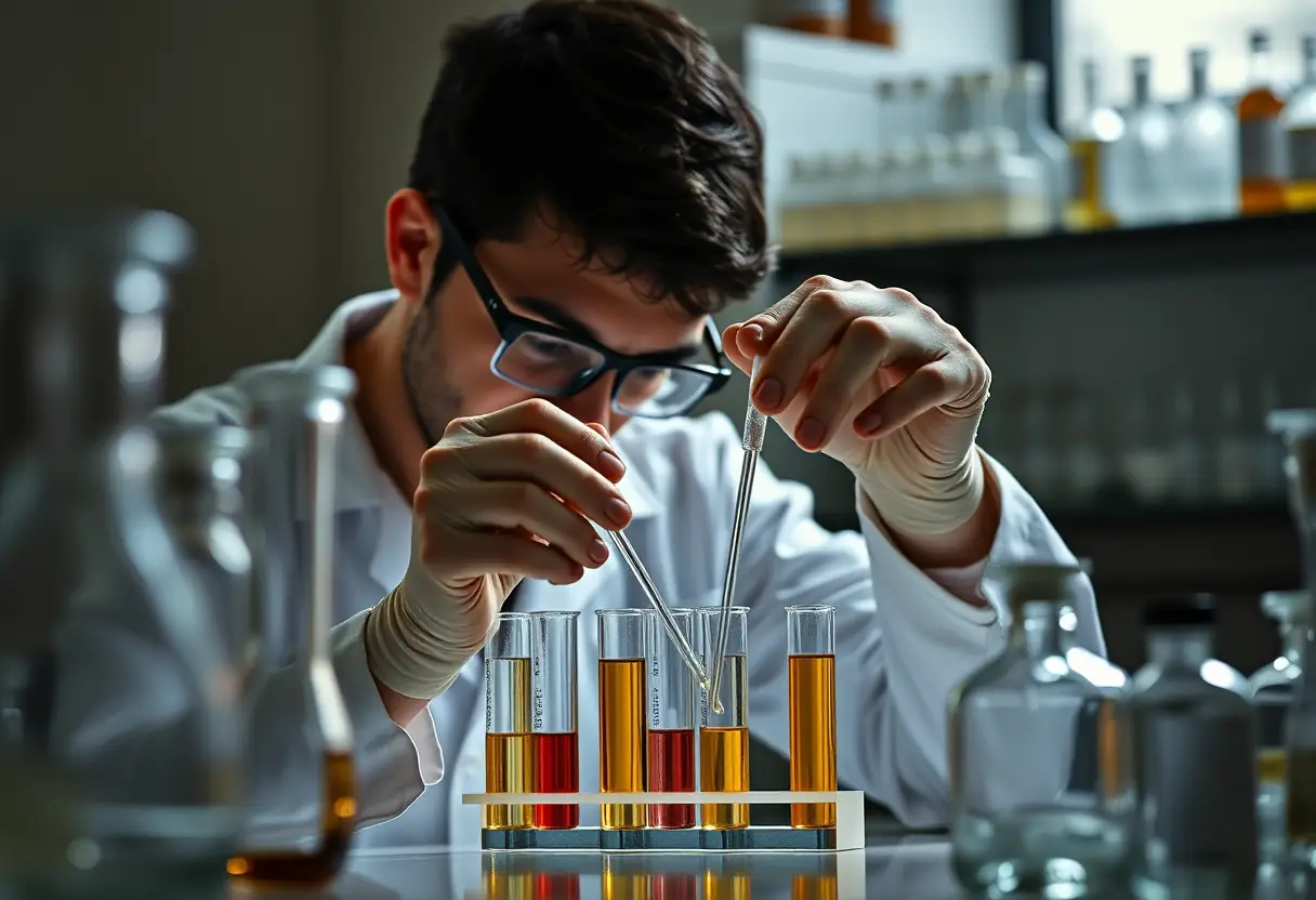 Dans un coin sombre d'un laboratoire, un scientifique mesure soigneusement des huiles parfumées dans des tubes à essai à l'aide de matériel de laboratoire précis