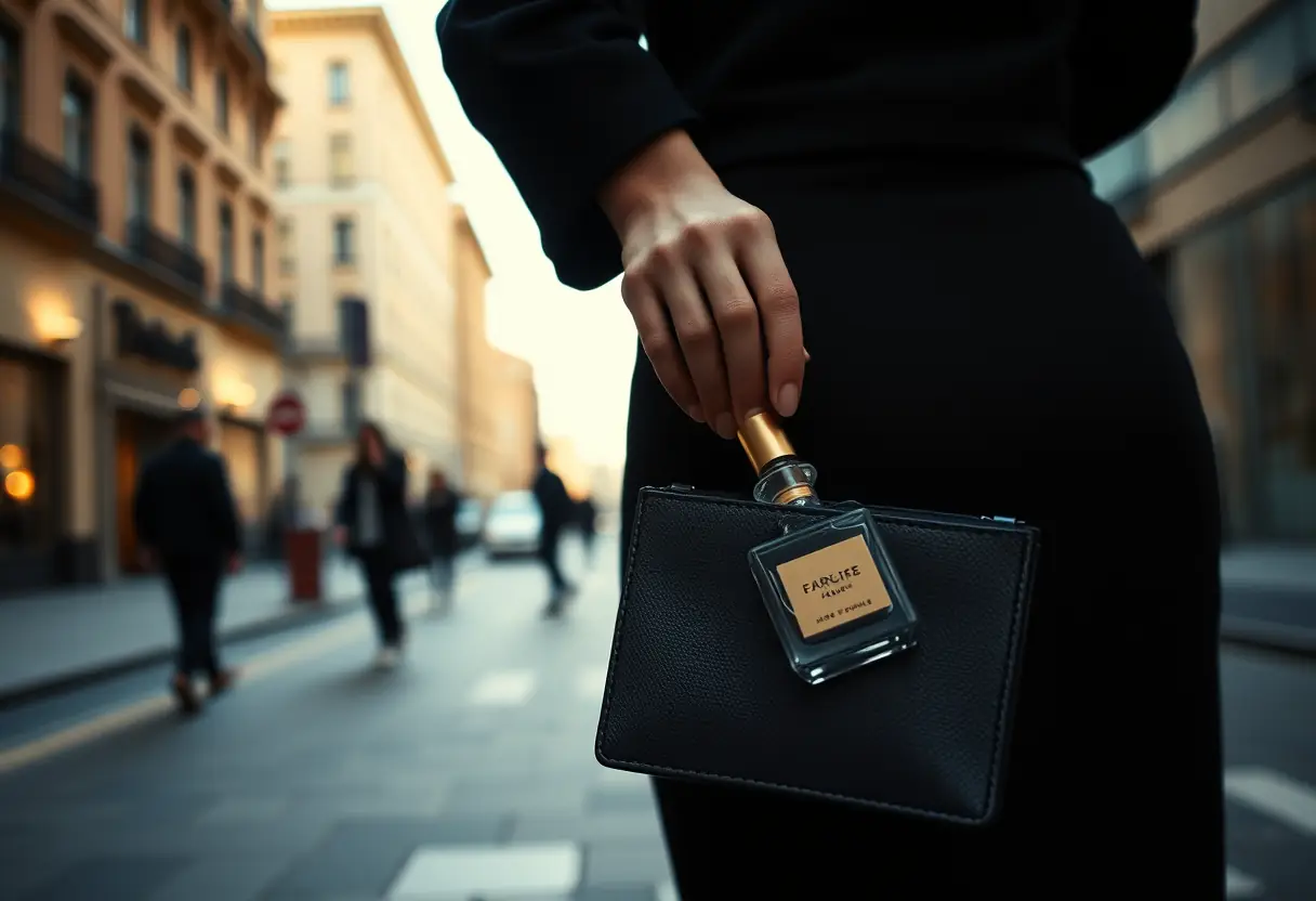 Une femme sort un mini flacon de parfum de son sac à main en passant dans la rue