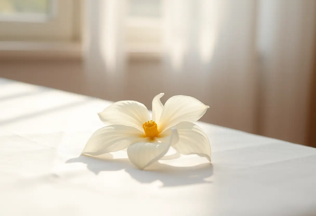 Une fleur de jasmin délicate sur un linge blanc, représentant les notes florales du parfum