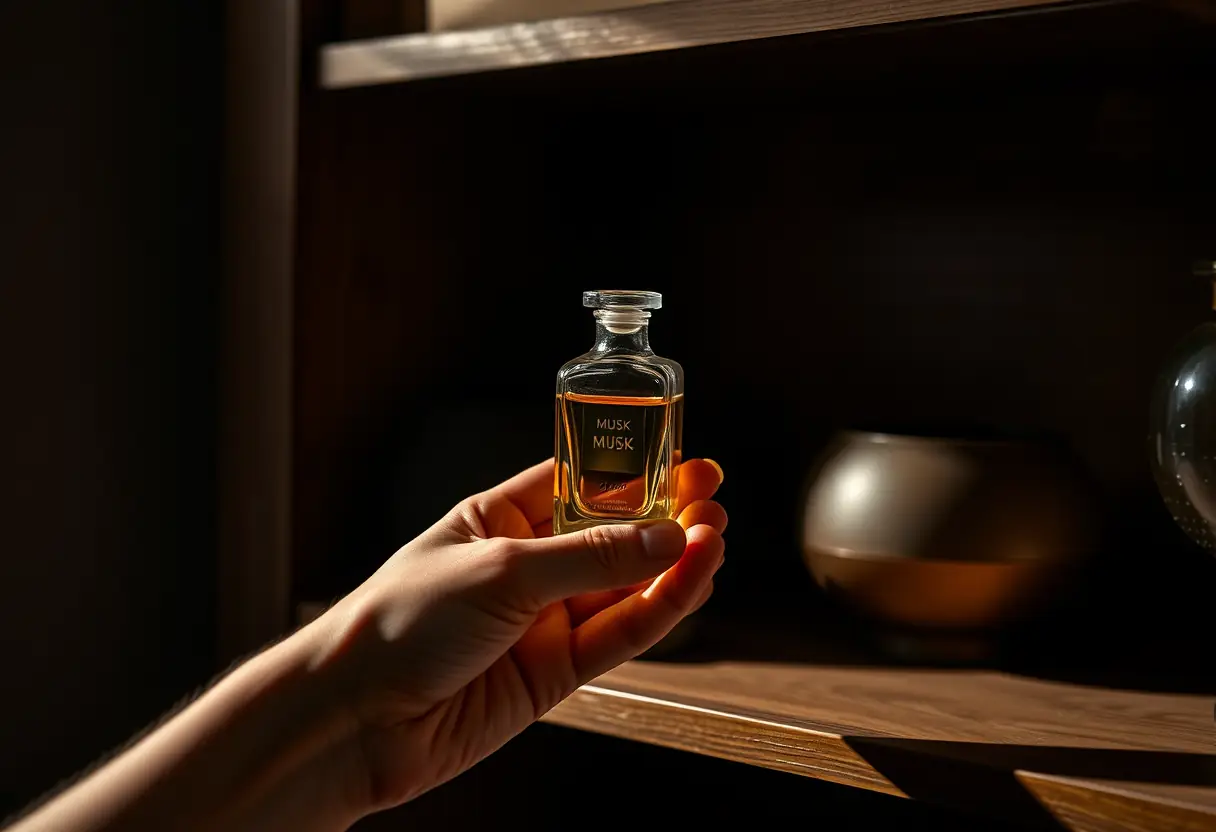 Une main tenant une petite bouteille en verre contenant une substance dorée, évoquant le musc précieux