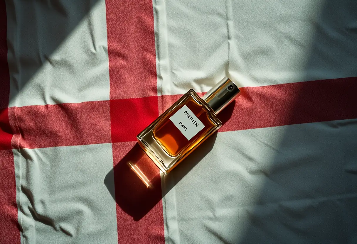 Vue aérienne d'une bouteille de parfum posée sur une table couverte d'un tissu à carreaux, le contenu de la bouteille scintillant sous l'éclairage ambiant, texte alternatif pour le guide de Myself Eau de Parfum