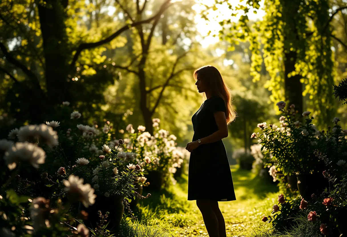 Un profil d'une femme debout dans un jardin fleuri, sous la lumière du soleil filtre à travers les arbres