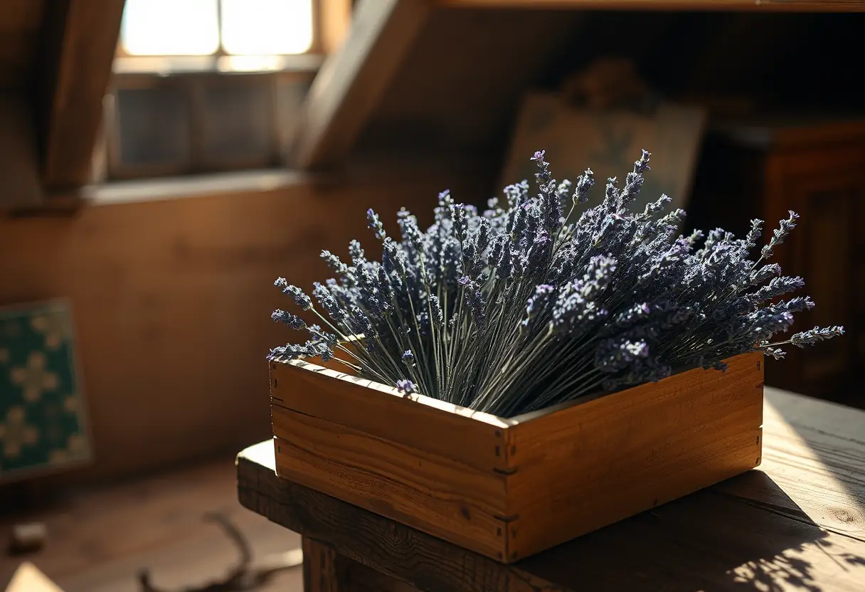 Une boîte en bois remplie de lavande sèche dans un grenier