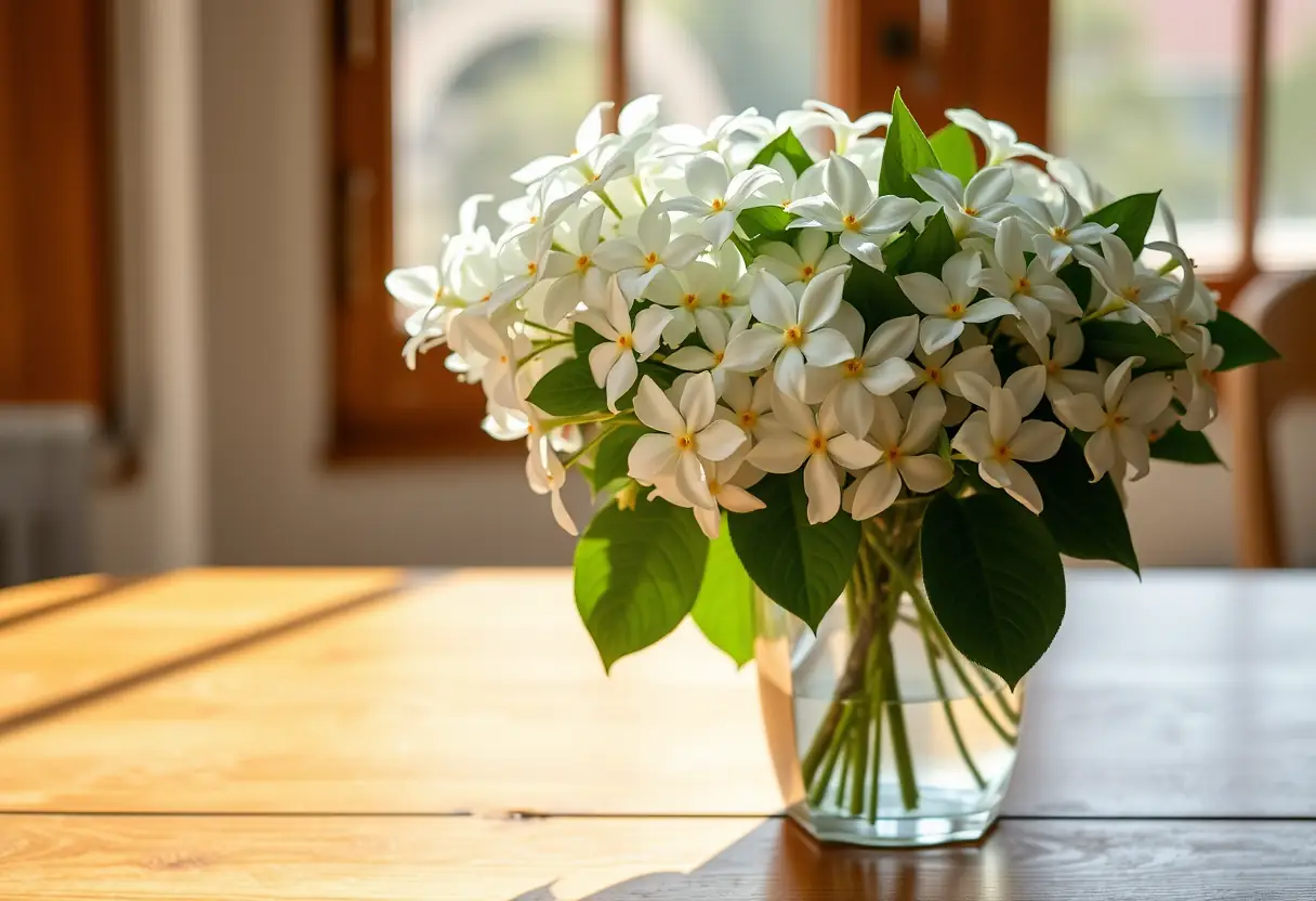 Un vase avec des fleurs de jasmin blanc sur une table en bois