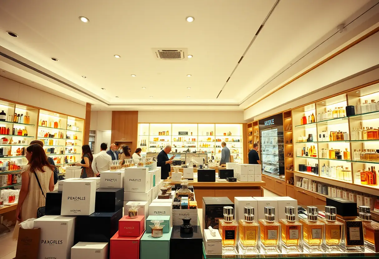 Un comptoir de parfumerie animé avec divers flacons et boîtes de parfum sous une lumière douce