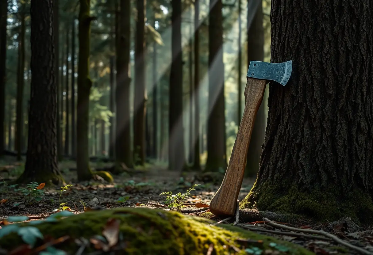 Hache ancienne contre un tronc d'arbre dans une forêt dense