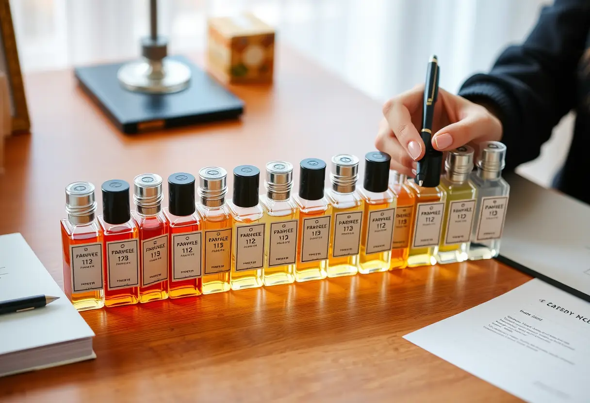 Des échantillons de parfum alignés sur un bureau en bois sous la lumière naturelle