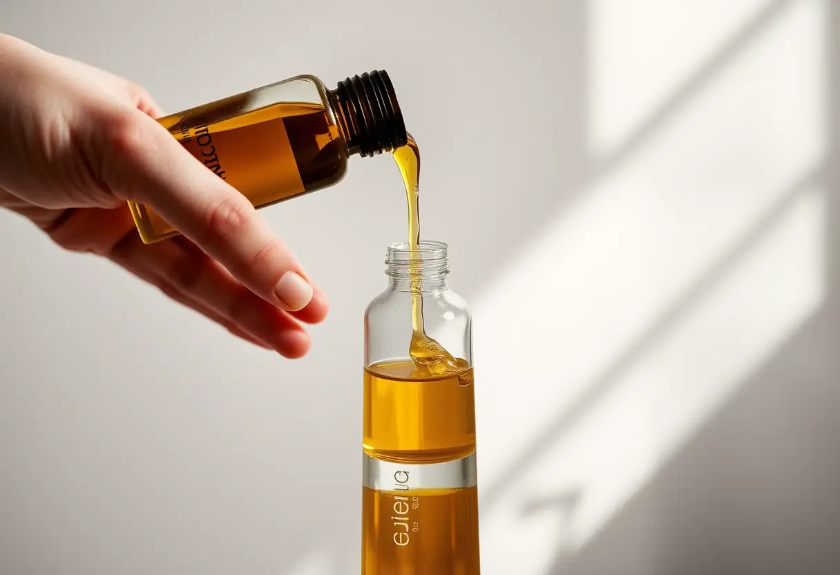 Une main qui verse de l'huile de bergamote dans une bouteille de verre, texte alternatif pour l'article sur le parfum Aïcha