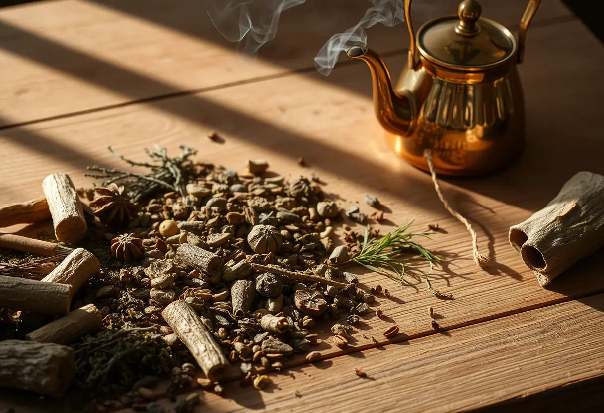 Un bureau couvert d'ingrédients aromatiques comme des herbes séchées et des écorces