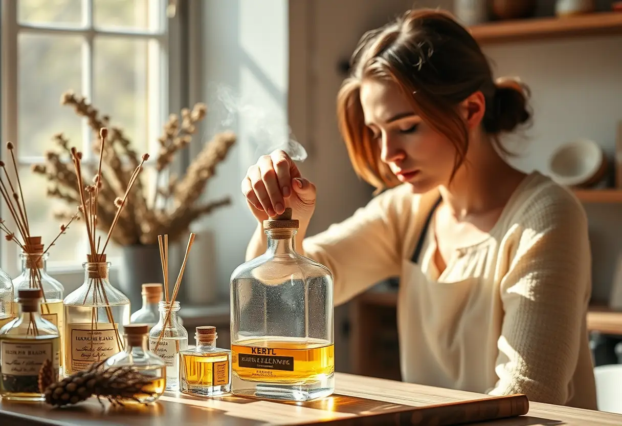 Un bureau en bois couvert de matériaux divers, dont une bouteille de parfum, des fleurs séchées et un carnet, illustrant l'élaboration d'Alien Femme