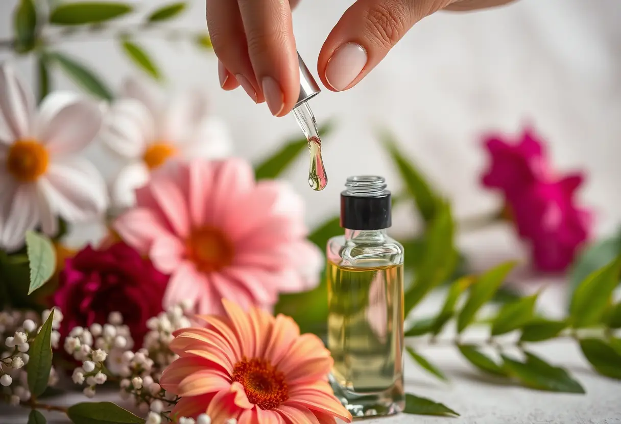Une main verse quelques gouttes d'un liquide clair dans un flacon, entouré de fleurs fraîches