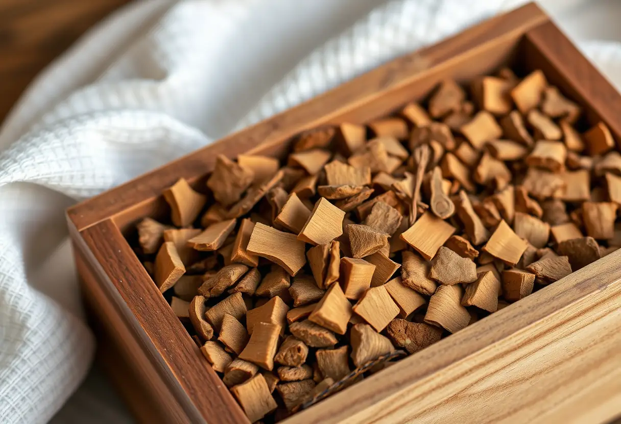 Coffre rempli de copeaux de santal pour le parfum bois d'argent