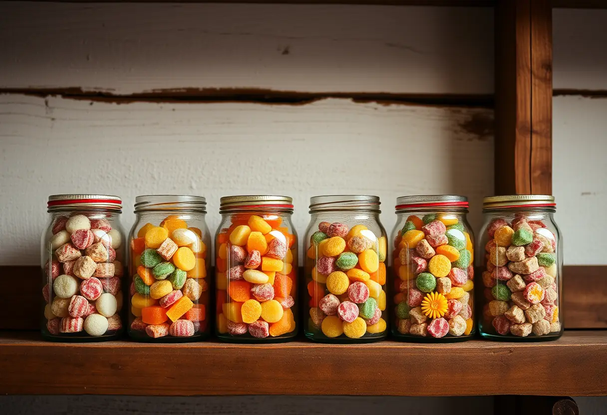 Des bocaux en verre remplis de bonbons artisanaux colorés sur une étagère rustique