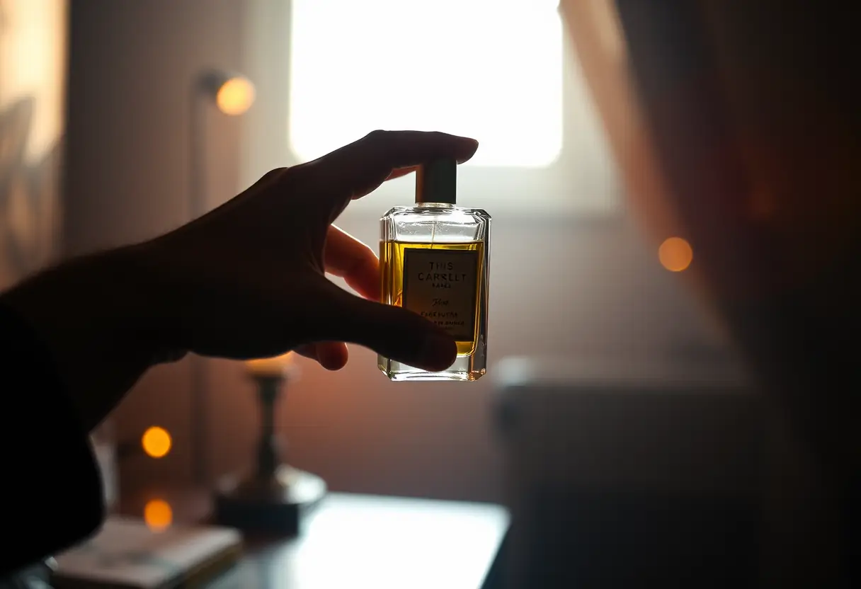 Dans une pièce légèrement éclairée, une main tendue tient délicatement un flacon de parfum, la lumière chaude et tamisée projette une douce lueur sur le flacon et son contenu