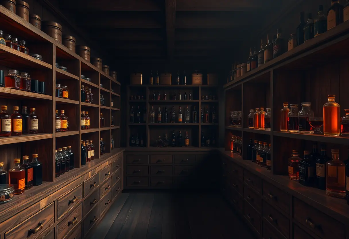 Un intérieur éclairé par la lumière tamisée, avec des étagères en bois contenant des bouteilles d'ambre, guide sur le parfum Chloé.