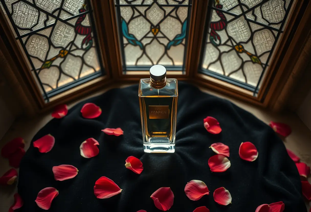 Une bouteille de parfum sur un tissu velours avec des pétales de roses