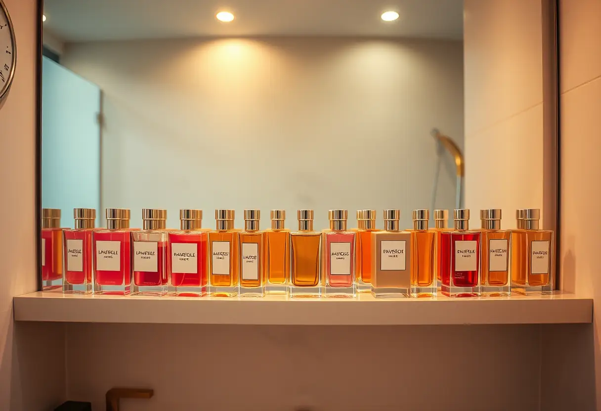 Des bouteilles de parfum alignées sur une étagère dans une salle de bain moderne, guide des parfums Dior