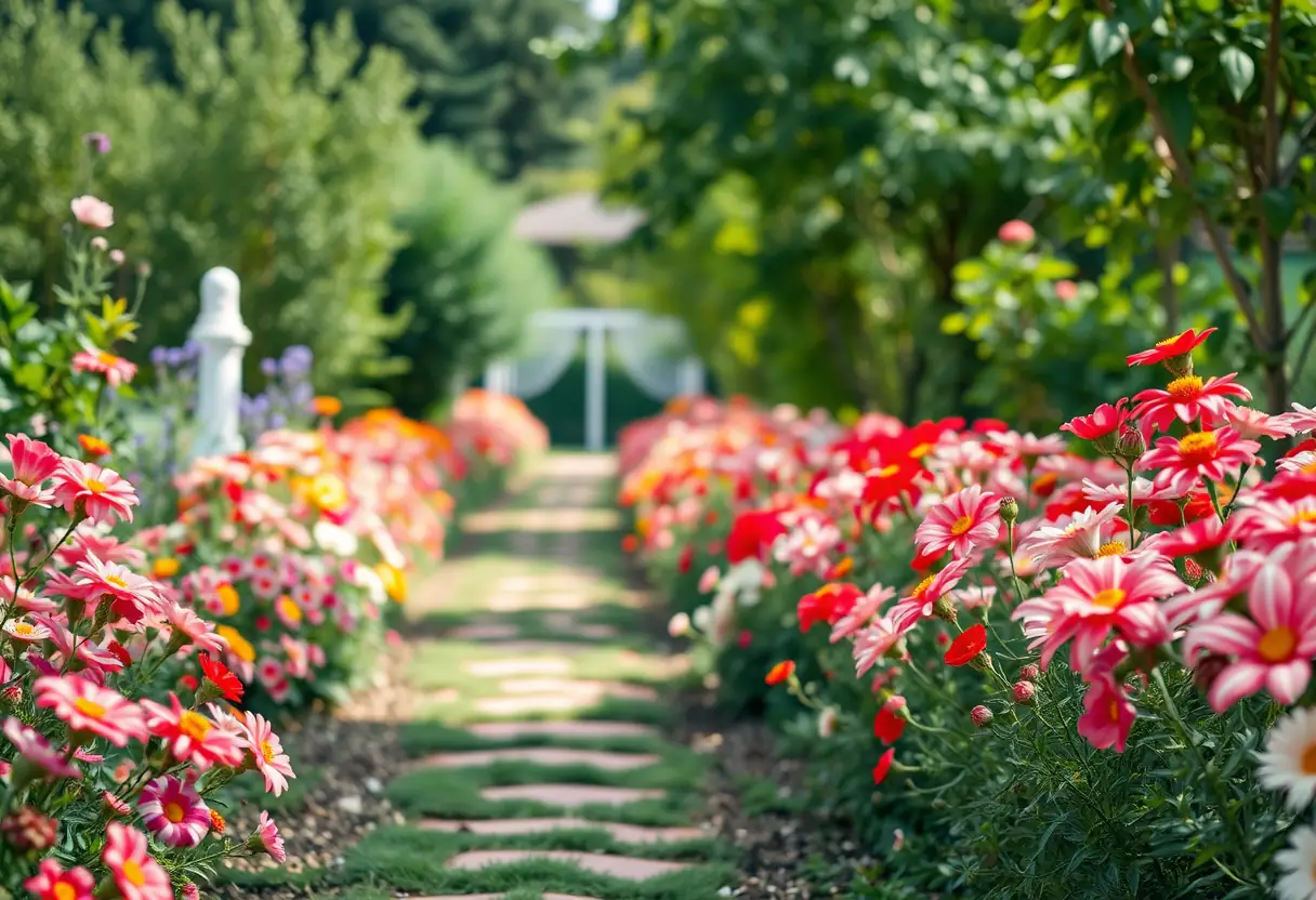 Un chemin de jardin bordé de fleurs en fleur, évoquant les parfums de la nature