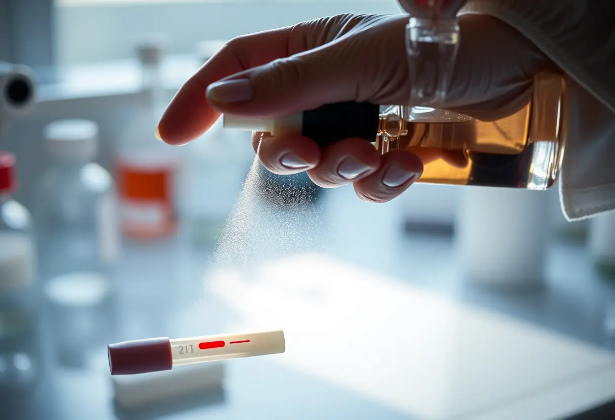 Une main verse délicatement un parfum sur une bande de test dans un laboratoire