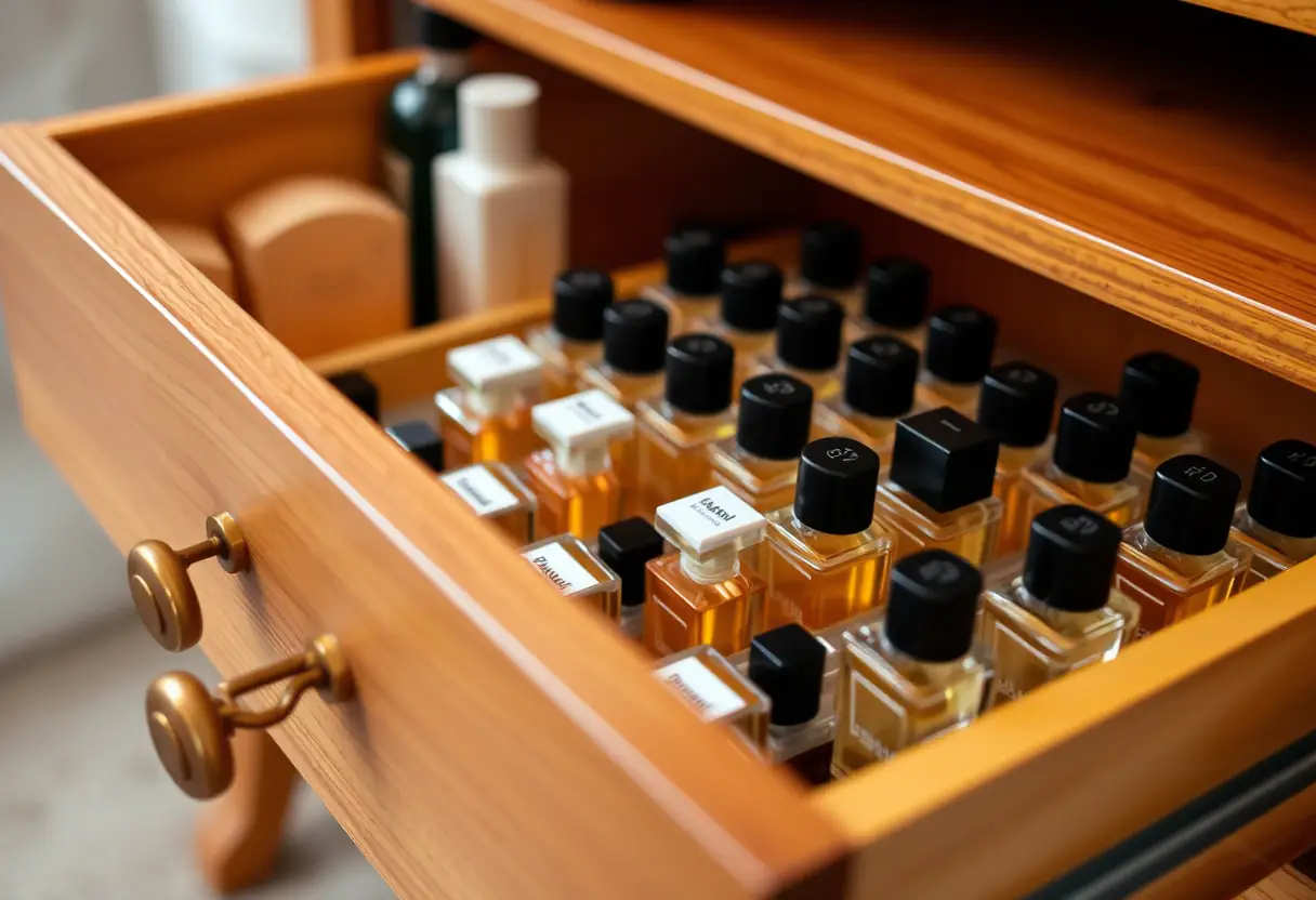 Un tiroir de bureau en bois ouvert révélant des échantillons de parfum dans des bouteilles de tailles variées
