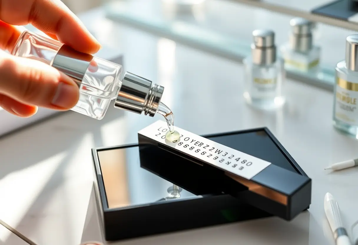 Une main qui verse un liquide clair dans un atomiseur sur une table de chevet
