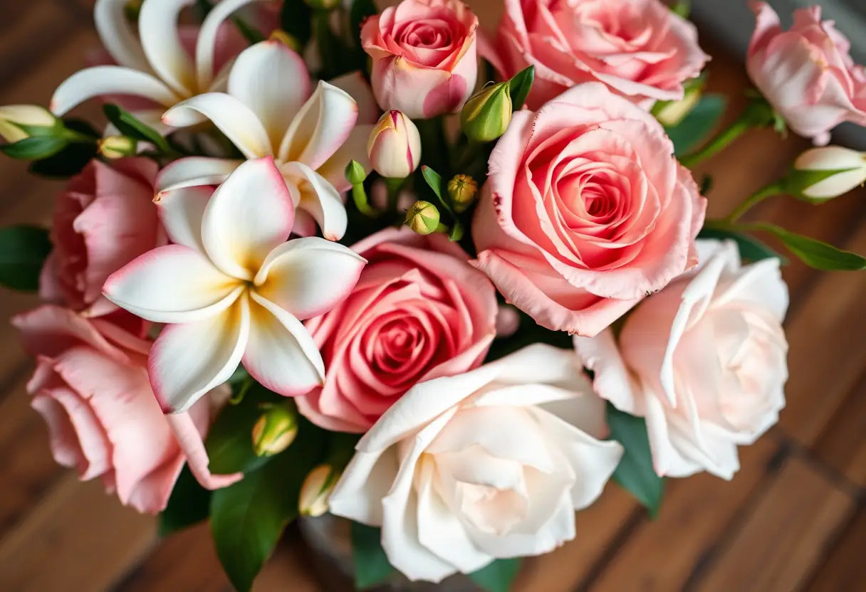 Un bouquet de fleurs fraîches, dont du jasmin et des roses, disposé dans un vase sur une table en bois