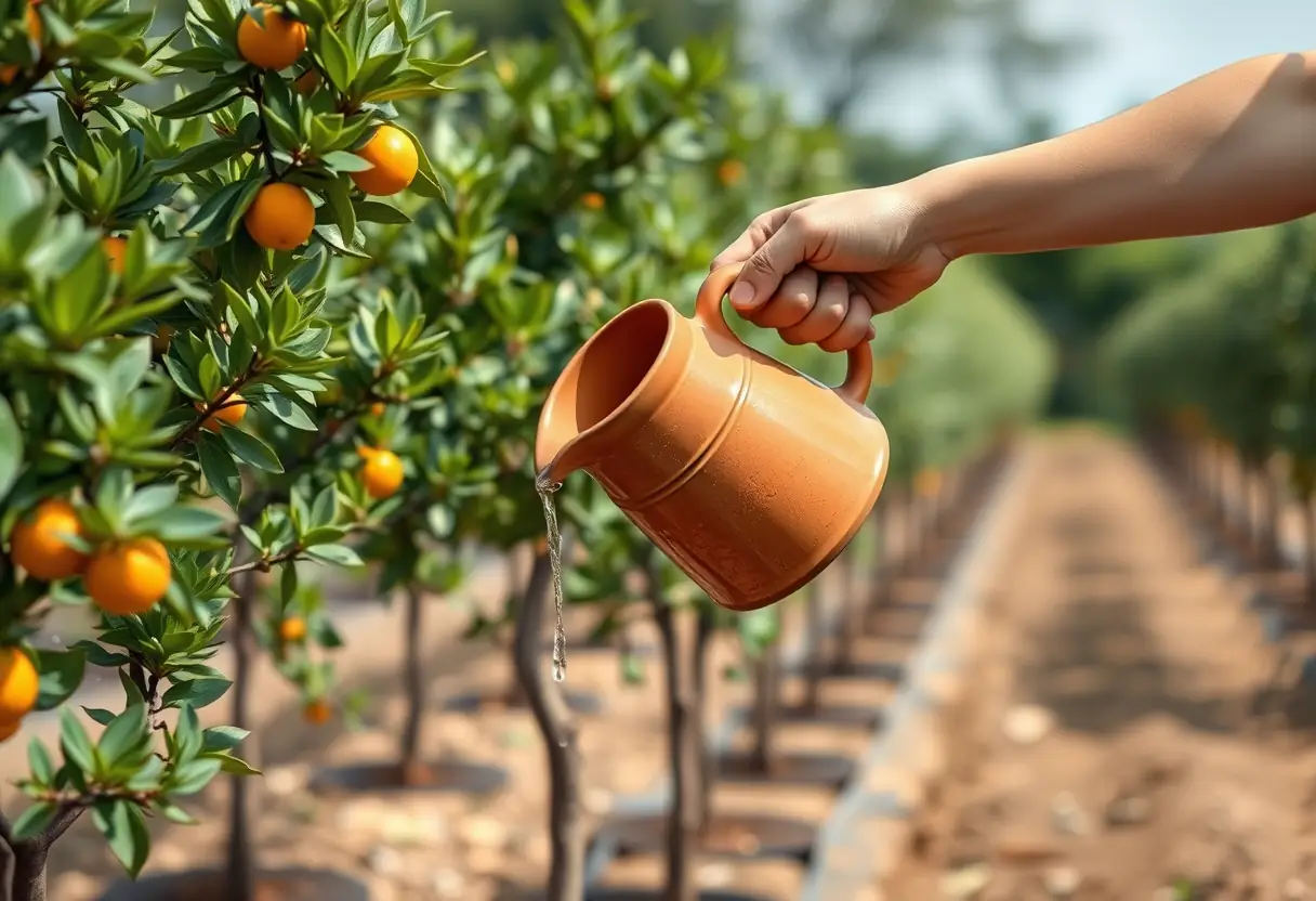 Main arrosant des jeunes orangeiers dans un jardin calme