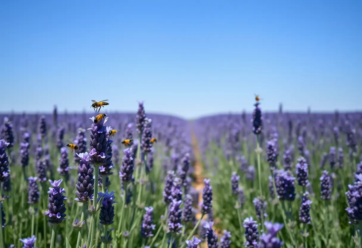 Un champ de lavande s'étendant jusqu'à l'horizon, avec des abeilles au-dessus des fleurs