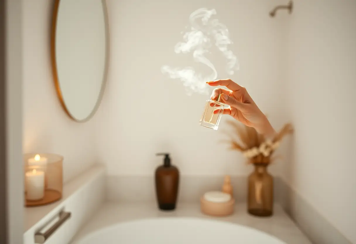 Une main qui vaporise délicatement un parfum dans une salle de bains élégante