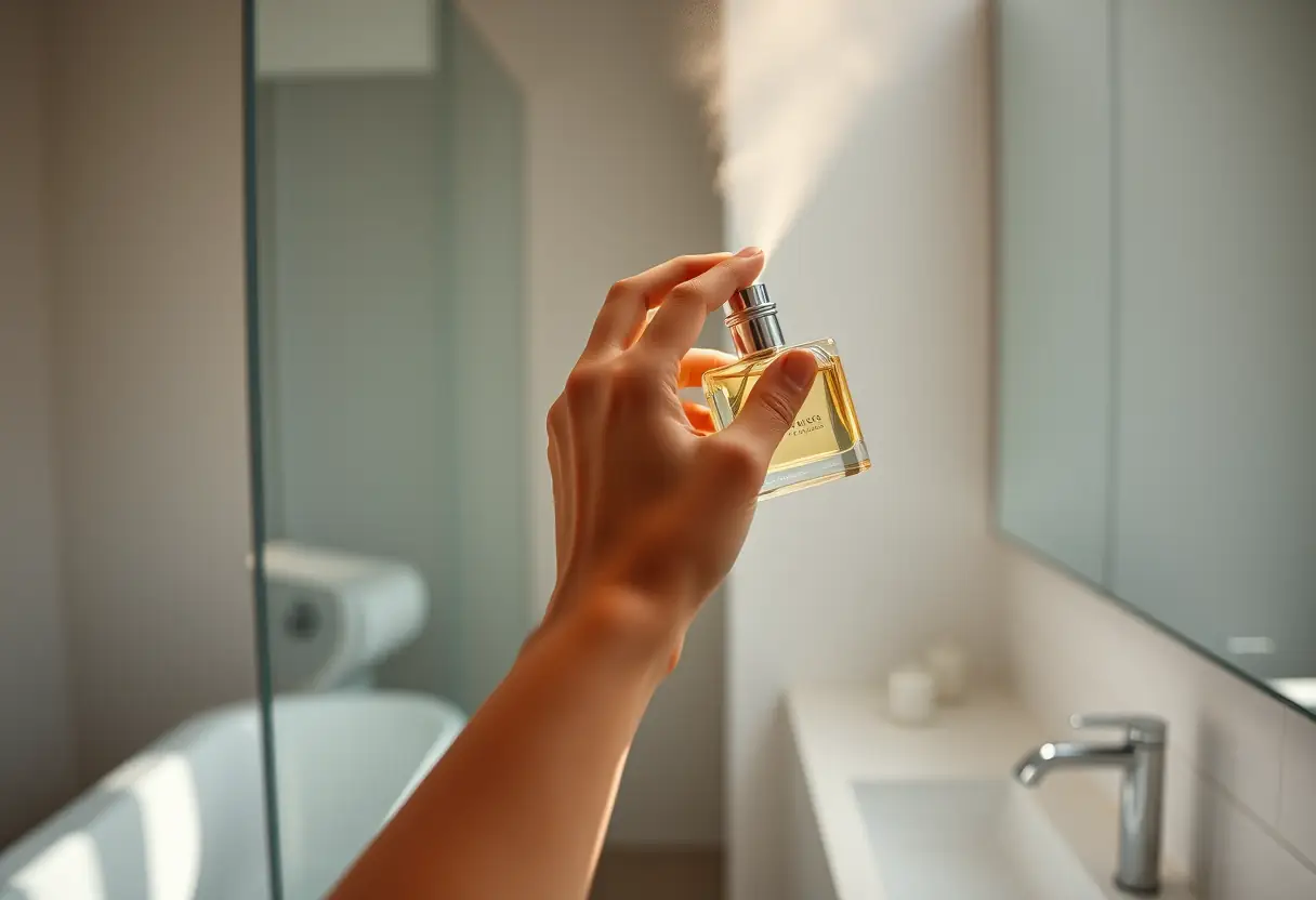 Dans une salle de bains moderne, une main vaporise un parfum dans l'air